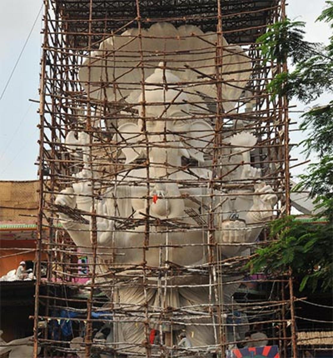Huge Ganesh idol getting readied for the ensuing Ganesh festivities at Khairatabad in Hyderabad